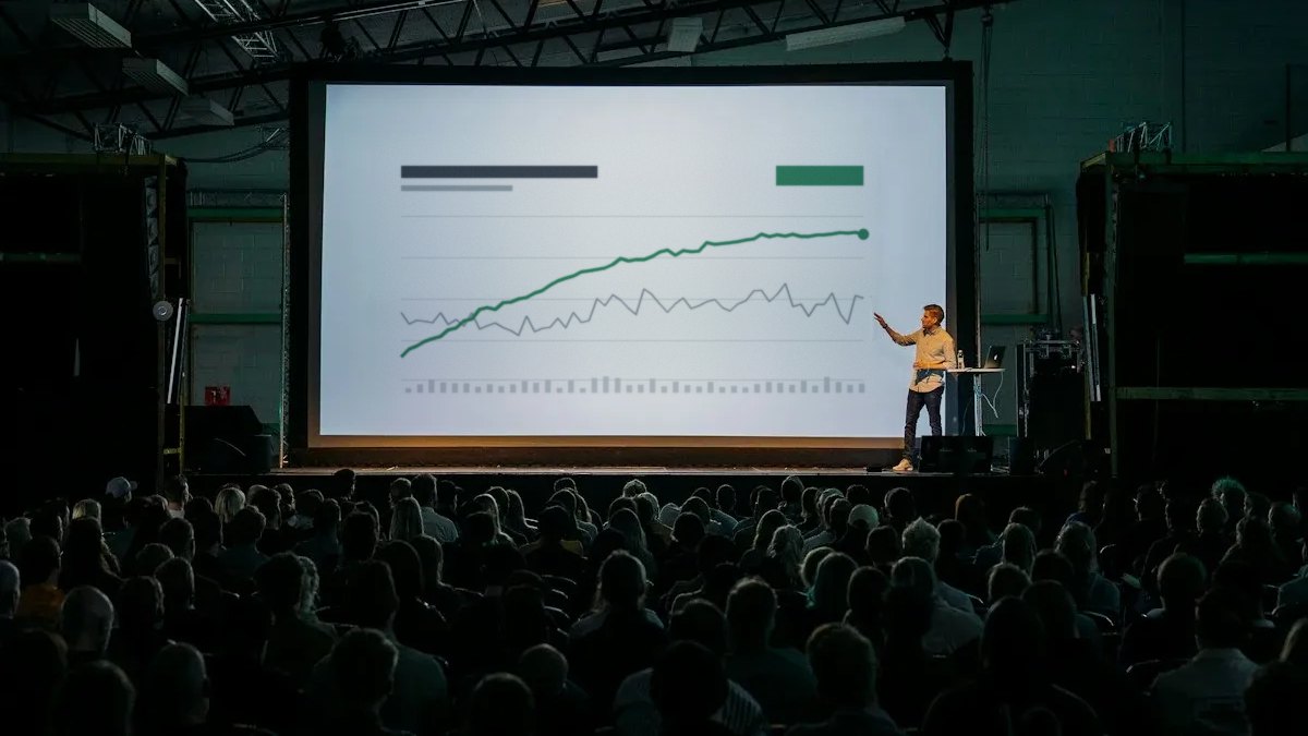 A speaker presenting a market chart to a full room